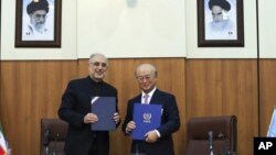 Perunding nuklir Iran Ali Akbar Salehi (kiri) dan Direktur IAEA Yukiya Amano di Teheran menyepakati sebuah peta jalan bagi inspeksi PBB lebih luas atas fasilitas nuklir Iran (11/11). 
