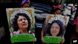 Family, friends and activists gather to demand justice for the murder of environmental activist and Goldman Environmental Prize winner Berta Caceres, in Tegucigalpa, Honduras, March 2, 2018. The authorities’ failure to identify those who ordered the brutal murder of Caceres and bring them to justice puts hundreds of human rights defenders at grave risk, said Amnesty International on the second anniversary of her killing.