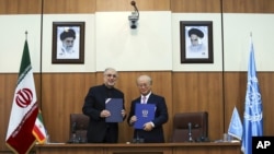 Head of Iran's Atomic Energy Organization Ali Akbar Salehi, left, and IAEA Director General Yukiya Amano, pose for a photo following their meeting in Tehran, Nov. 11, 2013. 