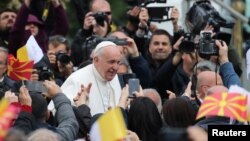 Pope Francis arrives to lead the Holy Mass at the Macedonia square in Skopje, North Macedonia, May 7, 2019. 