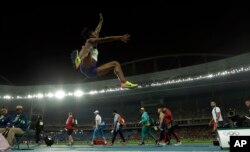 United States' Tianna Bartoletta in action during the women's long jump final, during the athletics competitions of the 2016 Summer Olympics at the Olympic stadium in Rio de Janeiro, Brazil, Wednesday, Aug. 17, 2016.