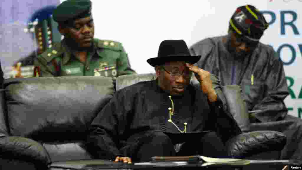 Nigeria's President Goodluck Jonathan reacts during a meeting of the Presidential Task Force on Power (PTFP).