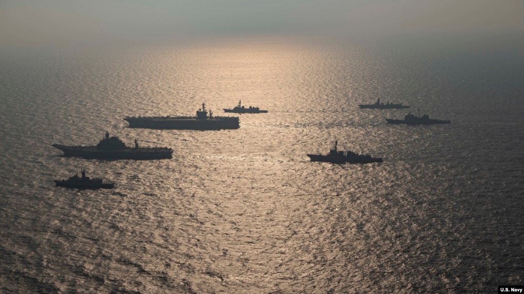 美日印澳四国军舰参与2020年马拉巴尔联合海上军事演习（美国海军照片）(photo:VOA)