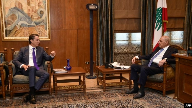 U.S. special envoy Amos Hochstein, left, meets with Lebanese Parliament Speaker Nabih Berri in Beirut, Nov. 19, 2024.