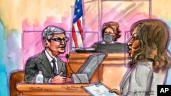 This artist rendering shows Apple CEO Tim Cook on the witness stand during a trial in San Ramon, Calif., on May 21, 2021. 