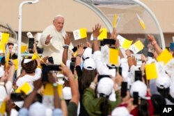 Pope Francis arrives to celebrate Mass at the Bahrain National Stadium in Riffa, Bahrain, Nov. 5, 2022.