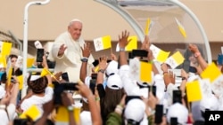 Pope Francis arrives to celebrate Mass at the Bahrain National Stadium in Riffa, Bahrain, Nov. 5, 2022.