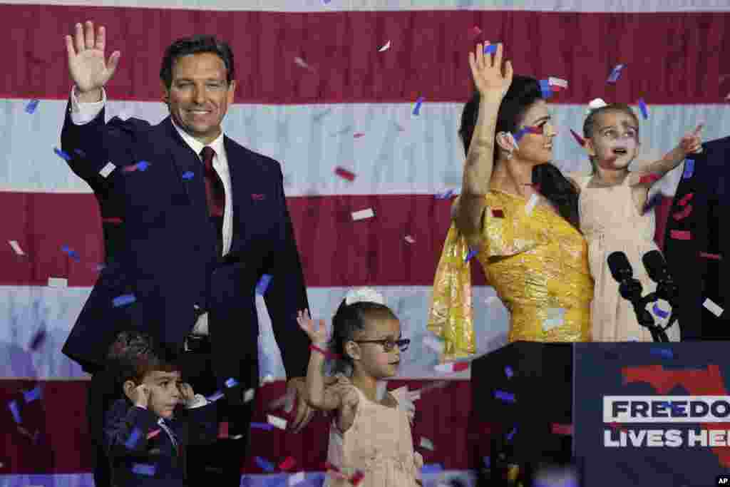 Florida Republican Governor Ron DeSantis, his wife Casey and their children on stage after speaking to supporters at an election night party after winning his race for reelection in Tampa, Nov. 8, 2022.