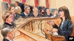 FILE - This artist sketch depicts Solicitor General Elizabeth Prelogar, right, presenting an argument before the Supreme Court, Nov. 1, 2021, in Washington.