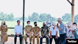 Presiden Joko Widodo berbincang dengan para petani di areal kebun tebu Temu Giring di Kab. Mojokerto, Jawa Timur, 4 November 2022. (Twitter/@jokowi).