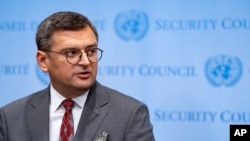 FILE - Ukraine Foreign Minister Dmytro Kuleba address journalists during a level Security Council meeting on the situation in Ukraine, Sept. 22, 2022 at United Nations headquarters.