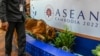 A sniffer dog checks for explosive devices during an inspection tour of a hotel as part of security measures for the upcoming ASEAN summit in Phnom Penh, Nov. 7, 2022.