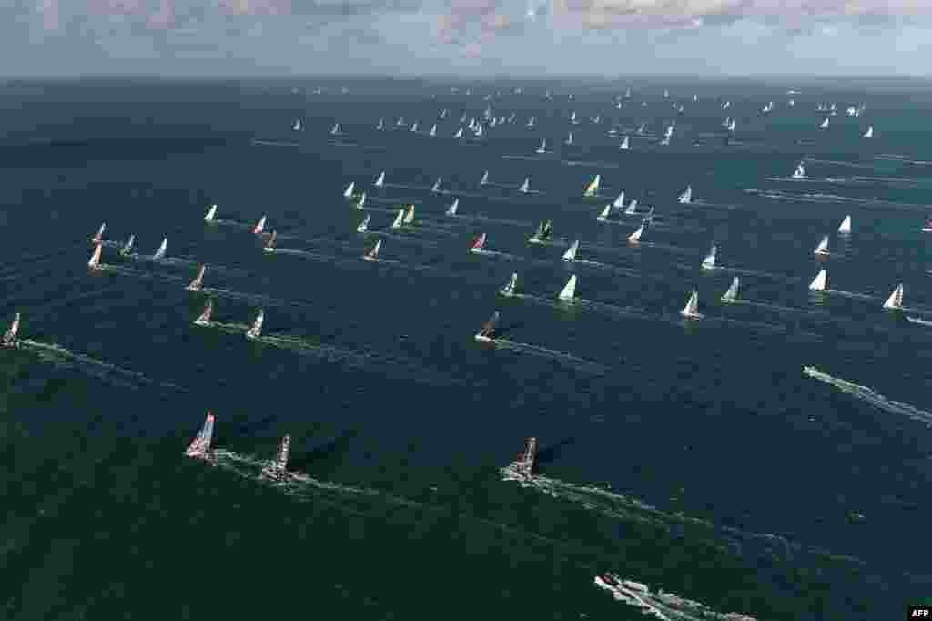 Skippers take the start of the Route du Rhum solo sailing race, off the coast of Saint-Malo, western France.