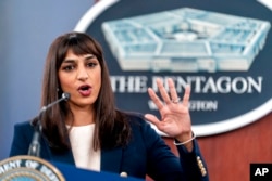 Wakil Sekretaris Pers Pentagon Sabrina Singh berbicara pada konferensi pers di Pentagon, Jumat, 4 November 2022, di Washington. (AP/Andrew Harnik)