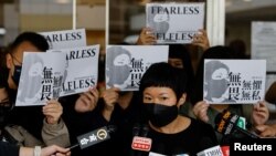 Hong Kong journalist Bao Choy Yuk-Ling speaks to the media after losing an appeal against conviction for using car registration database while making a documentary on 2019 protests in Hong Kong, China Nov. 7, 2022.