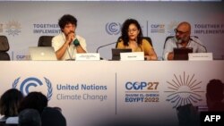 FILE: Sanaa Seif, sister of imprisoned British-Egyptian activist Alaa Abdel Fattah, center, attends a press conference hosted by the Global Campaign to Demand Climate Justice on the sidelines of the COP27 climate conference in Sharm el-Sheikh, Egypt, on Nov. 8, 2022