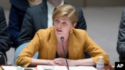 United States U.N. Ambassador Samantha Power speaks during an U.N. Security Council meeting on the Ukraine crisis, March 13, 2014