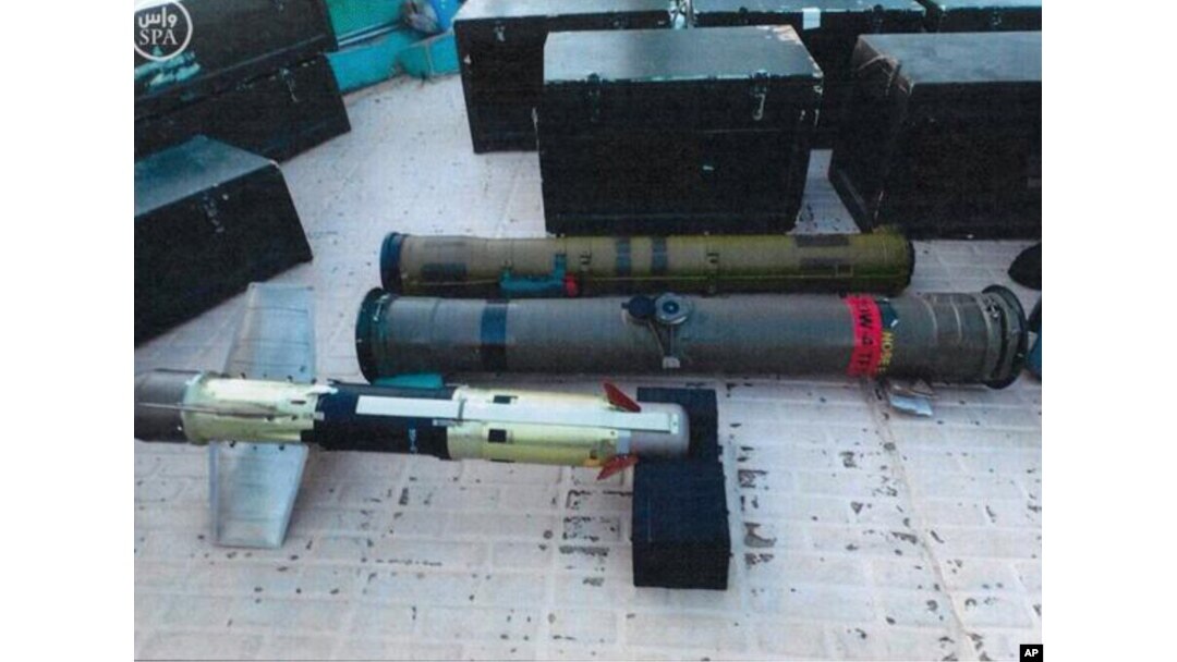 FILE - Confiscated weapons are seen aboard an Iranian fishing boat bound for Yemen in this image from the Saudi Press agency, SPA, Sept. 30, 2015. The Saudi-led coalition battling Yemen's Shiite rebels says it has foiled an attempt by Iran to smuggle weapons into Yemen.