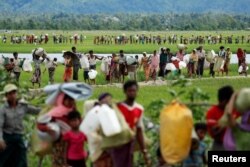 FILE - Rohingya refugees walk through rice fields after crossing the border from Myanmar into Palang Khali, Bangladesh, October 19, 2017.