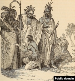 Illustration from an 1868 history book, depicting Pocahontas pleading with her father for the life of Captain John Smith, an event historians say never happened.