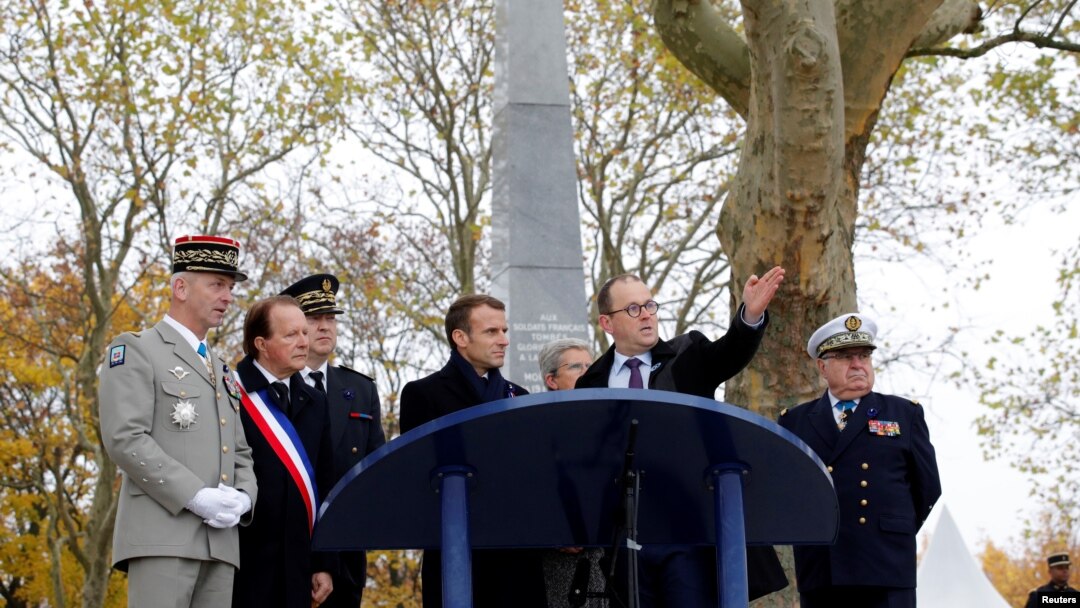 French President Emmanuel Macron attends a ceremony in tribute to French soldiers killed on Aug. 1914 during border battles, in Morhange, Eastern France, Nov. 5, 2018 as part of a World War I commemoration tour. 