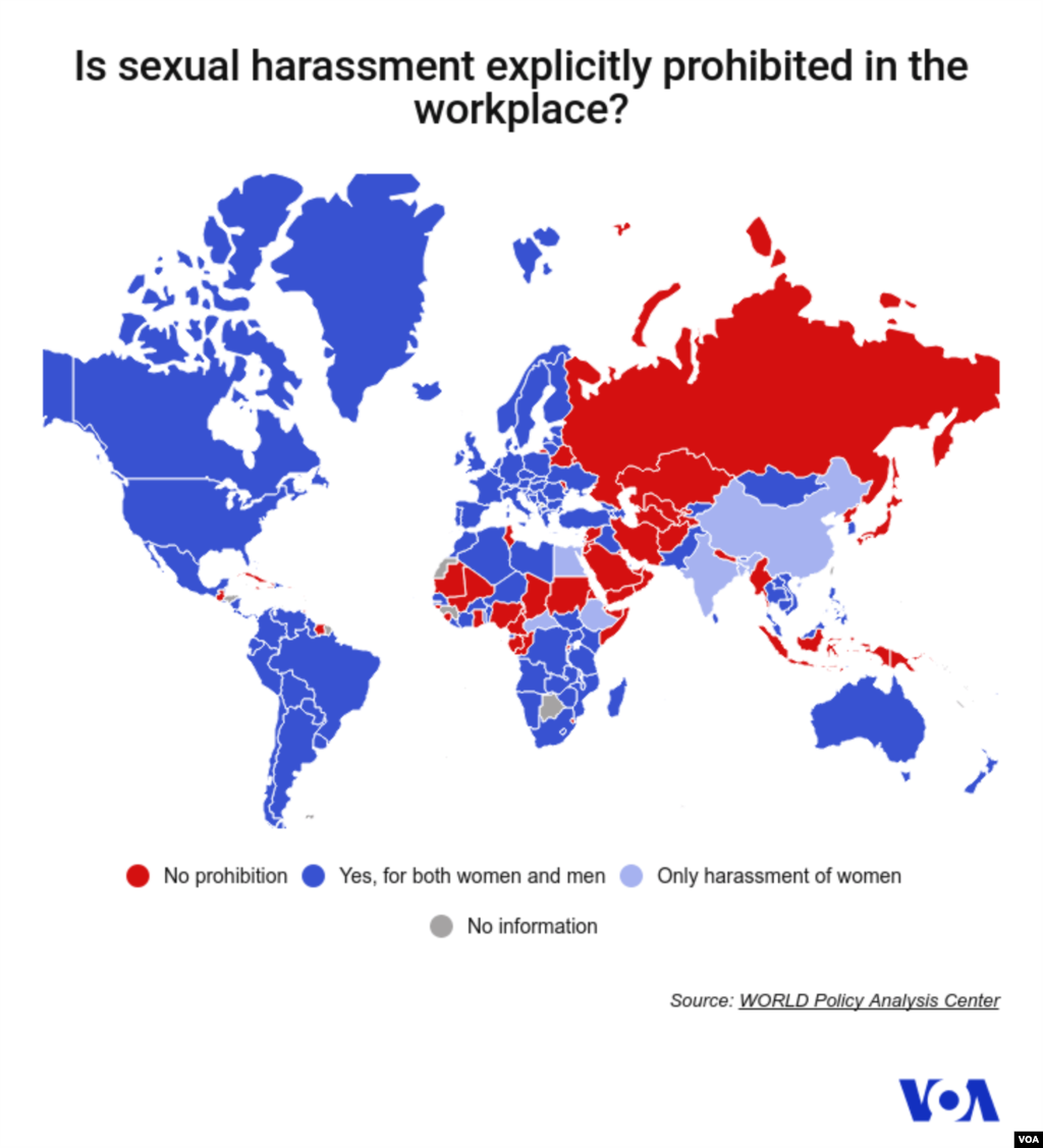根据智库&ldquo;世界政策分析中心&rdquo;的资料所做的这幅世界地图上，浅蓝色的部分为禁止性骚扰女性的国家，包括中国和印度；深蓝色部分为禁止性骚扰女性和男性的国家，包括美国和欧美、大洋洲大片地区和蒙古；红色部分为不禁止性骚扰的国家，包括俄罗斯，以及东欧、中亚、西亚、中东的部分国家。