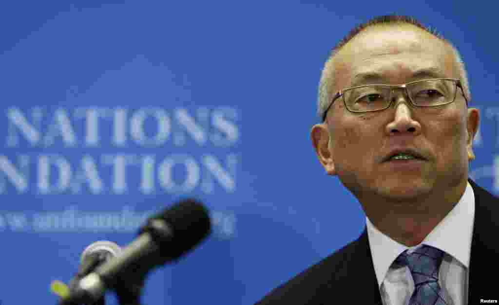 Assistant World Health Organization Director-General for Health Security Dr. Keiji Fukuda appears at a briefing to discuss the Ebola outbreak in West Africa at the UN Foundation in Washington, Sept. 3, 2014.