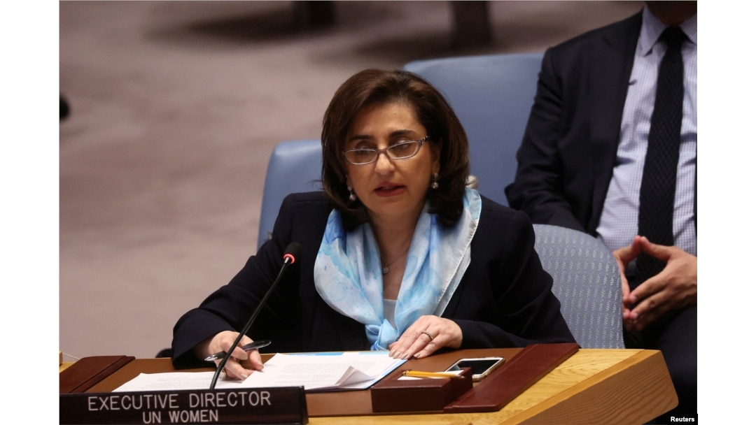 Sima Bahus, izvršna direktorka U.N. Women, tokom sednice Saveta bezbednosti, 11. april 2022. (Foto: Reuters/Brendan McDermid)