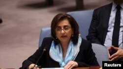 2022年4月11日，联合国妇女事务执行主任巴胡斯在联合国安理会会议上发言。（路透社）