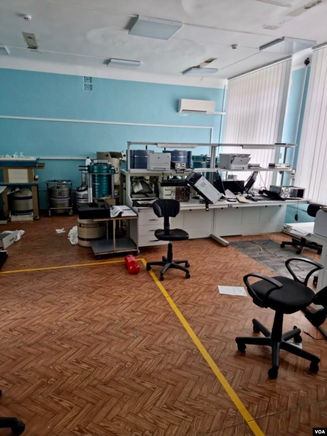 Ukrainian "Ecocenter" nuclear lab in Chernobyl, with computer tilted on a desk, after Russian occupation, April. 5, 2022. (Photo courtesy Evgen Kramarenko)