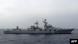 FILE - The Russian missile cruiser Moskva patrols in the Mediterranean Sea, Dec. 17, 2015.