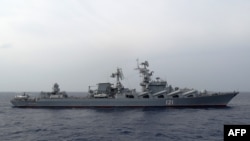 FILE - In this file photo taken on December 17, 2015 the Russian missile cruiser Moskva patrols in the Mediterranean Sea, Dec. 17, 2015.