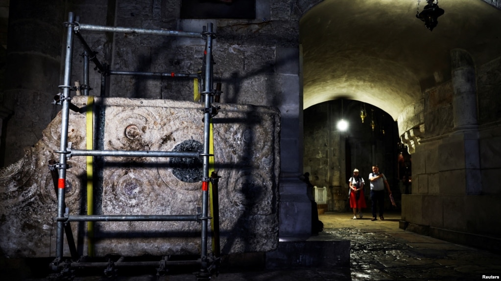 A stone slab said to be the decorated frontal of the Crusader-era high altar of the Church of the Holy Sepulchre. REUTERS/Ronen Zvulun