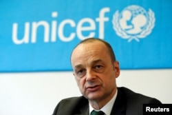 FILE - Manuel Fontaine, UNICEF Director of Emergency Programmes, attends an interview with Reuters in Geneva, Switzerland, Jan. 30, 2017.