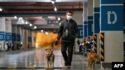 A resident wearing a face mask walks dogs at an underground garage in a compound during a COVID-19 lockdown in Pudong district in Shanghai, April 13, 2022.