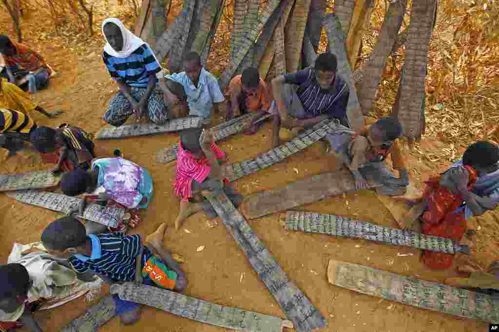 Young Somali refugees read verses of the Koran from their prayer tablets at an outdoor madrasa at the Ifo camp outside Dadaab, Eastern Kenya, 100 kms (60 miles) from the Somali border, Aug. 9, 2011. (AP)