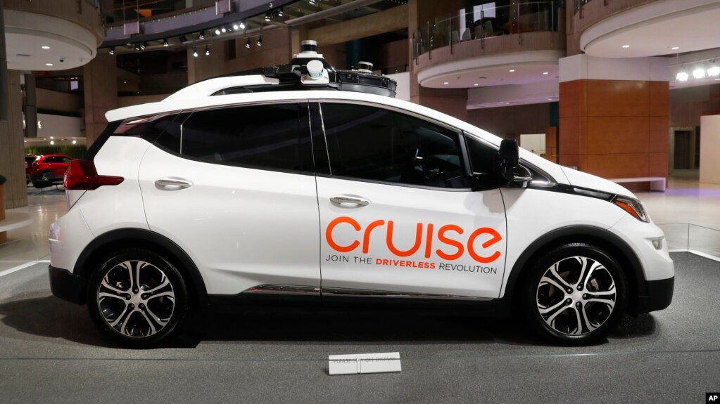 In this Jan. 16, 2019, file photo, Cruise AV, General Motor's autonomous electric Bolt EV is displayed in Detroit. (AP Photo/Paul Sancya, File)