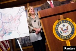 U.S. Senator Mary Landrieu (D-LA) stands during a media briefing after the vote on the Keystone XL pipeline failed to pass the Senate on Capitol Hill in Washington, Nov. 18, 2014.