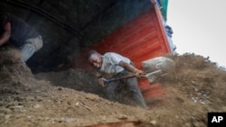 Farmers offload livestock manure from a truck, that will be used to fertilize crops due to the increased cost of fertilizer that they say they now can't afford to purchase, in Kiambu, near Nairobi, in Kenya Thursday, March 31, 2022.