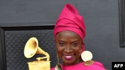 FILE: Benin singer-songwriter Angelique Kidjo arrives for the 64th Annual Grammy Awards at the MGM Grand Garden Arena in Las Vegas on April 3, 2022. 