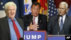 Kutoka kushoto spika wa zamani Newt Gingrich, New Jersey Governor Chris Christie na Gavana wa Indiana Mike Pence. 