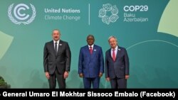 Ilham Aliyev, Presidente do Azerbaijão, Umaro Sissoco Embaló, Presidente da Guiné-Bissau, e António Guterres, secretário geral da ONU, Baku