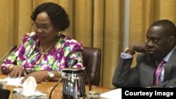 Information Minister Monica Mutsvangwa and Foreign Affairs Minister Sibusiso Moyo at a ministerial briefing in Harare. 