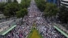 This aerial view shows hundreds of students and judiciary workers marching in front of the Senate of the Republic to protest against the judicial reform proposed by the Mexican government in Mexico City, Sept. 8, 2024. 