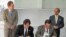 VOA Director Designate David Ensor and Afghan Minister of Information and Culture Sayed Makhdoon Raheen look on as new VOA agreement with RTA is signed.