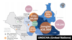 A map produced by UNOCHA showing the number of displaced in South Sudan and those who have fled to neighboring countries as of July 10, 2014.