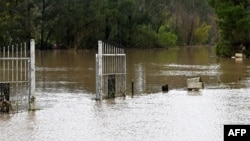 FILE - A gate and letterbox are seen at a flooded residential area near the overflowing Nepean River after torrential rain in western Sydney, Australia, July 5, 2022. Sydney could break a 72-year-old one-year rainfall record on Oct. 7 or 8, 2022, forecasters say.