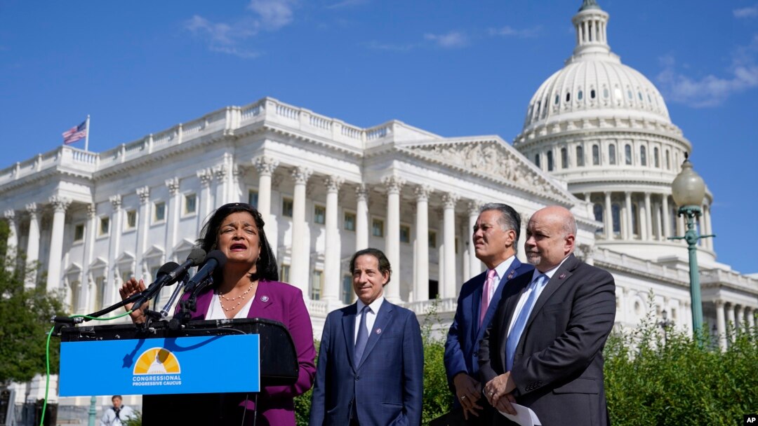 FILE - Rep. Pramila Jayapal, D-Wash., speaks at a Congressional Progressive Caucus news conference, Aug. 12, 2022, in Washington. With Jayapal from left are Rep. Jamie Raskin, D-Md., Rep. Mark Takano, D-Calif., and Rep. Mark Pocan, D-Wis. 