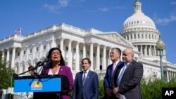 FILE - Rep. Pramila Jayapal, D-Wash., speaks at a Congressional Progressive Caucus news conference, Aug. 12, 2022, in Washington. With Jayapal from left are Rep. Jamie Raskin, D-Md., Rep. Mark Takano, D-Calif., and Rep. Mark Pocan, D-Wis. 