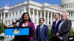 FILE - Rep. Pramila Jayapal speaks at a Congressional Progressive Caucus news conference, Aug. 12, 2022, in Washington. With Jayapal from left are Reps. Jamie Raskin, Mark Takano and Mark Pocan.